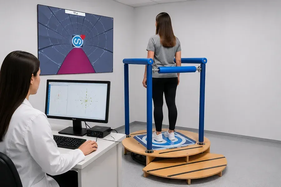 Vestibüler Rehabilitasyon Terapisi (VRT) - Prof. Dr. Şenol Polat Bilgisayarlı Dinamik Postürografi testi sırasında hastanın denge sistemlerinin değerlendirildiği klinik uygulama