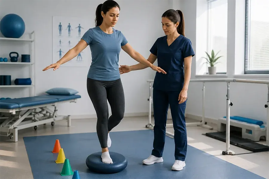 Vestibüler Rehabilitasyon Terapisi (VRT) - Prof. Dr. Şenol Polat Vestibüler rehabilitasyon kapsamında denge ve koordinasyon egzersizi yapan hastanın fizyoterapist eşliğinde çalışması