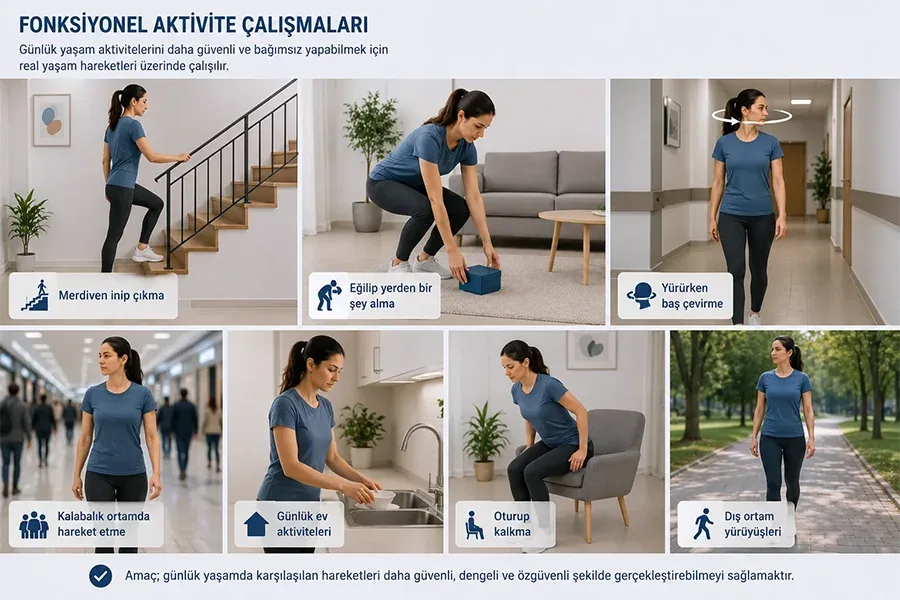 Vestibüler Rehabilitasyon Terapisi (VRT) - Prof. Dr. Şenol Polat Vestibüler rehabilitasyon kapsamında günlük yaşam aktivitelerinin güvenli şekilde uygulanmasını gösteren fonksiyonel aktivite çalışmaları