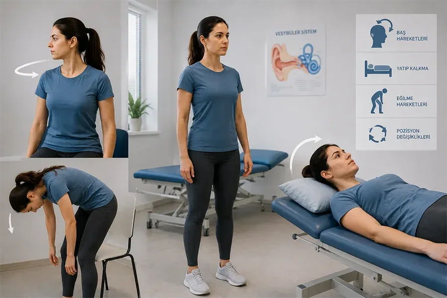 Vestibüler Rehabilitasyon Terapisi (VRT) - Prof. Dr. Şenol Polat Habituasyon egzersizleri kapsamında baş dönmesini tetikleyen hareketlerin kontrollü şekilde uygulandığı vestibüler rehabilitasyon çalışması