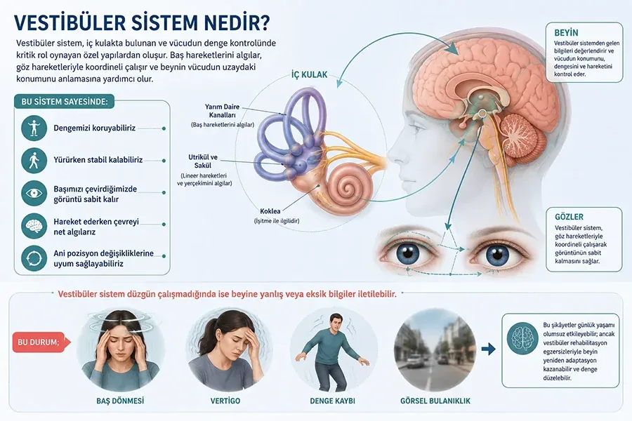 Vestibüler Rehabilitasyon Terapisi (VRT) - Prof. Dr. Şenol Polat Vestibüler sistem anatomisi, iç kulak, gözler ve beyin arasındaki denge mekanizmasını gösteren bilgilendirici infografik