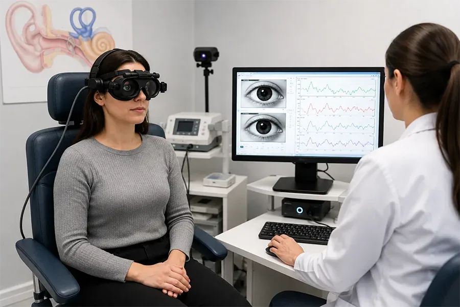 Vestibüler Rehabilitasyon Terapisi (VRT) - Prof. Dr. Şenol Polat Videonistagmografi (VNG) testi sırasında özel gözlük takan hastanın göz hareketlerinin bilgisayar ortamında analiz edilmesini gösteren görüntü
