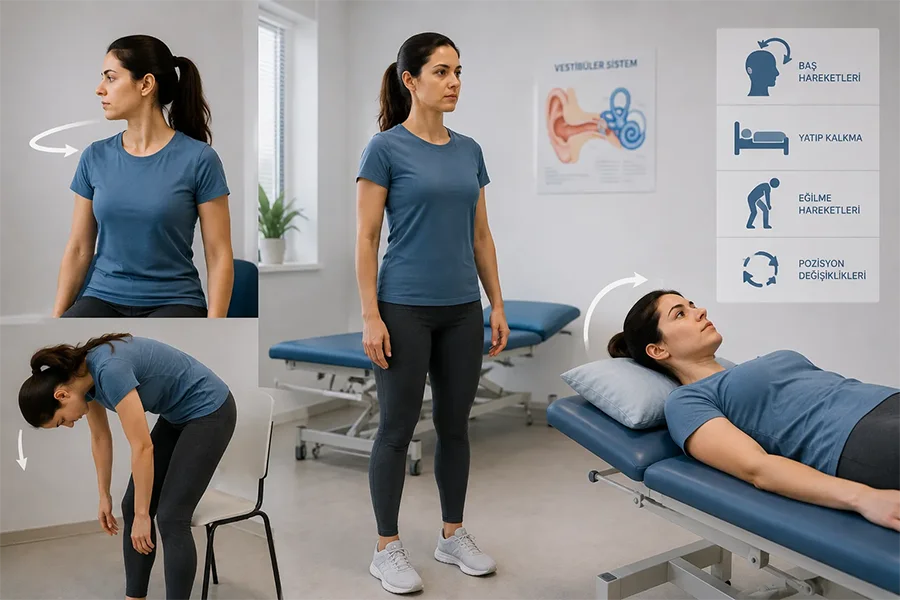 Vestibüler Rehabilitasyon Terapisi (VRT) - Prof. Dr. Şenol Polat Habituasyon egzersizleri kapsamında baş dönmesini tetikleyen hareketlerin kontrollü şekilde uygulandığı vestibüler rehabilitasyon çalışması