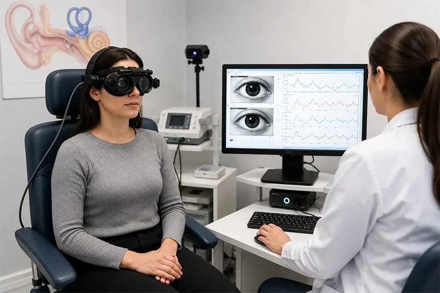 Vestibüler Rehabilitasyon Terapisi (VRT) - Prof. Dr. Şenol Polat Videonistagmografi (VNG) testi sırasında özel gözlük takan hastanın göz hareketlerinin bilgisayar ortamında analiz edilmesini gösteren görüntü